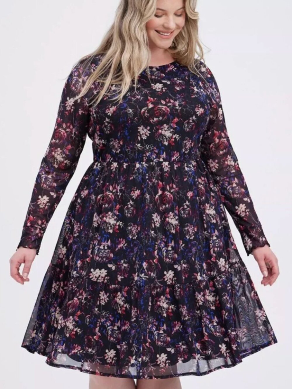 TORRID 3 Plus Size Ruffled Mini Dress Mesh Floral Black Long Sleeve Whimsigoth
